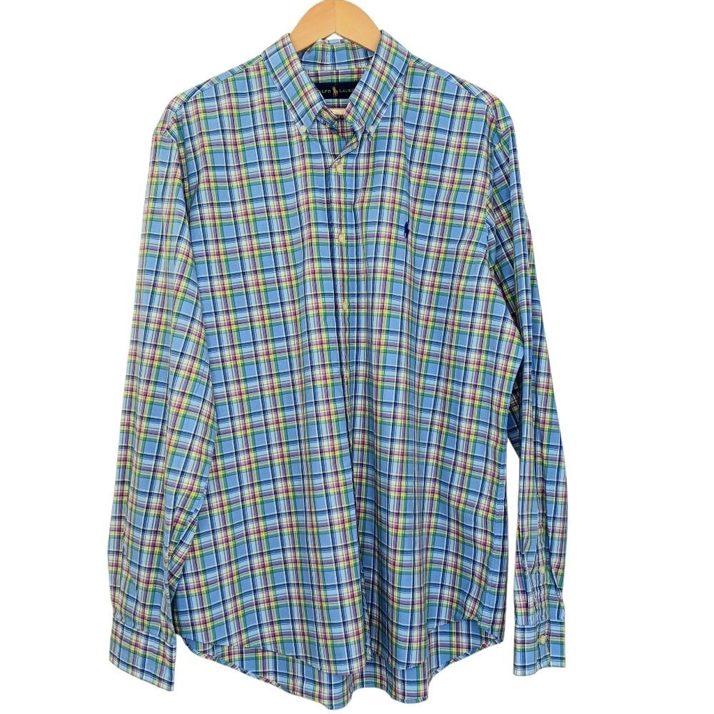 RALPH LAUREN Men’s Blue Plaid Button Down Shirt XL Cotton Preppy
